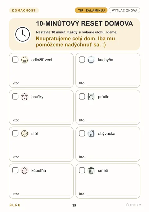 Strana 35 z organizéra Čo dnes?: 10-minútový reset domova – Neupratujeme celý dom. Iba mu pomôžeme nadýchnuť sa.