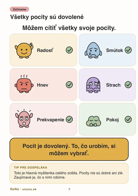 Strana 6 zo zošita: Všetky pocity sú dovolené – Hlavná myšlienka celého zošita.