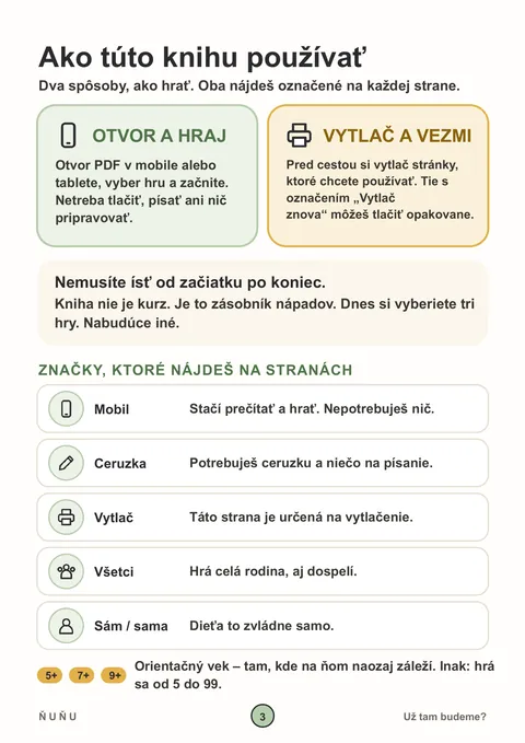 Strana 3 z knihy Už tam budeme?: Ako knihu používať – Otvor a hraj alebo vytlač a vezmi.